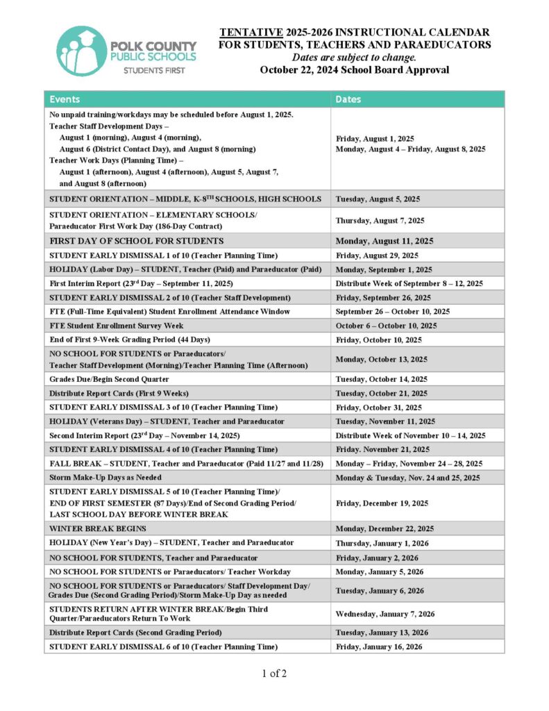 Polk County Public Schools Calendar 2025-2026