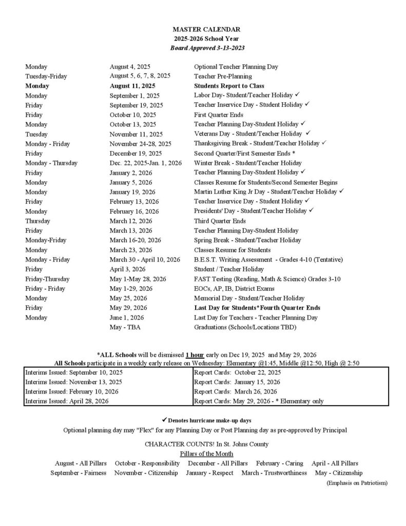 St Johns County School District Calendar 2025-2026