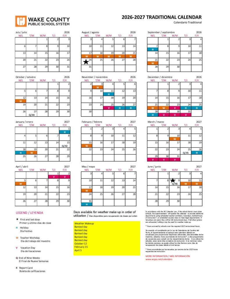 Wake County Public Schools Calendar 2026-2027