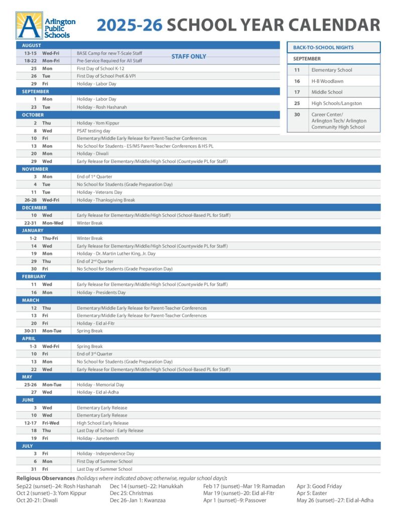 Arlington Public Schools Calendar 2025-2026