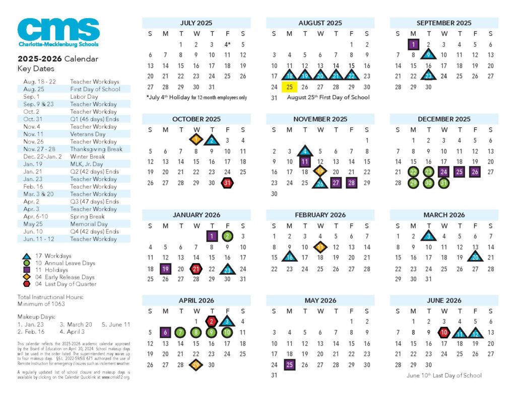 CMS Schools Calendar 2025-2026