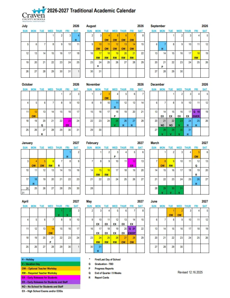 Craven County Schools Calendar 2026-2027
