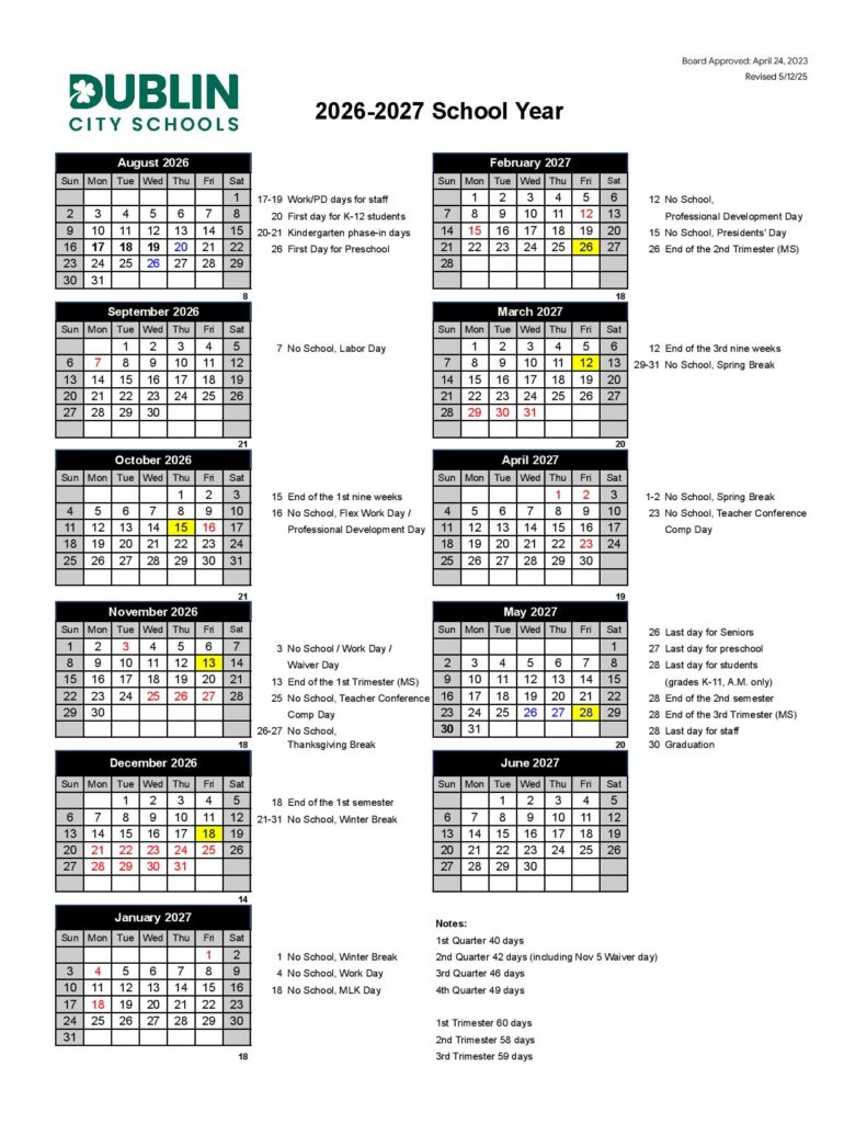 Dublin City Schools Calendar 2026-2027