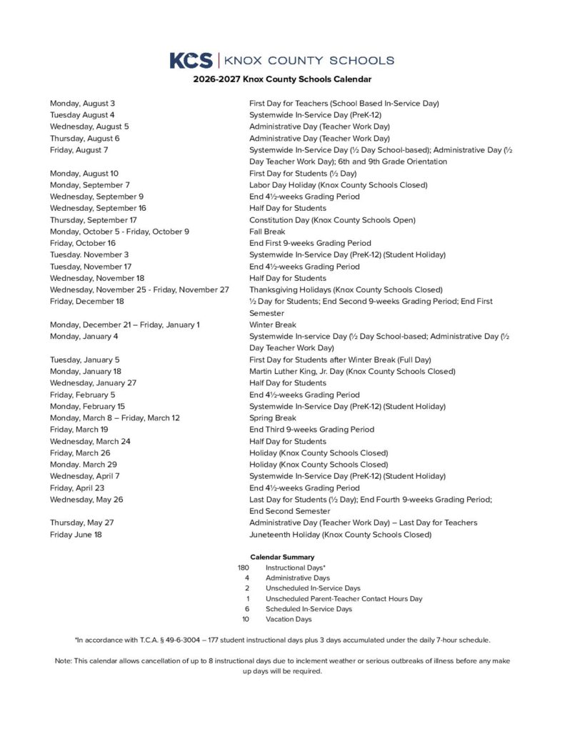 Knox County Schools Calendar 2026-2027 (Holiday Breaks) - New School Calendar