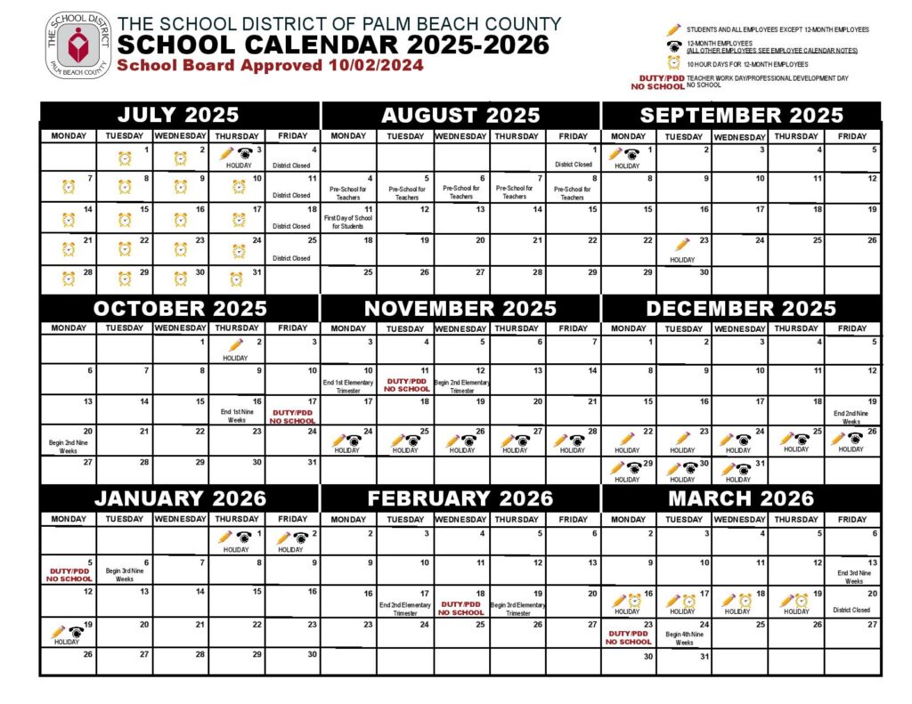 Palm Beach County School District Calendar 2025-2026