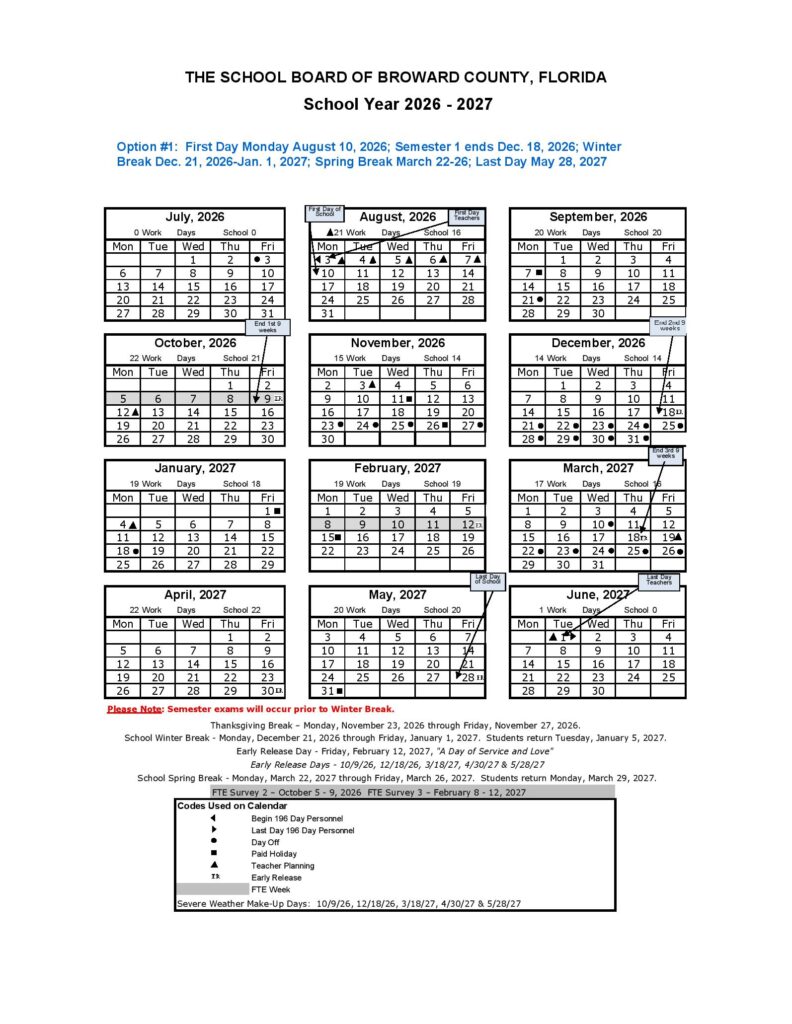 Broward County Schools Calendar 2026-2027