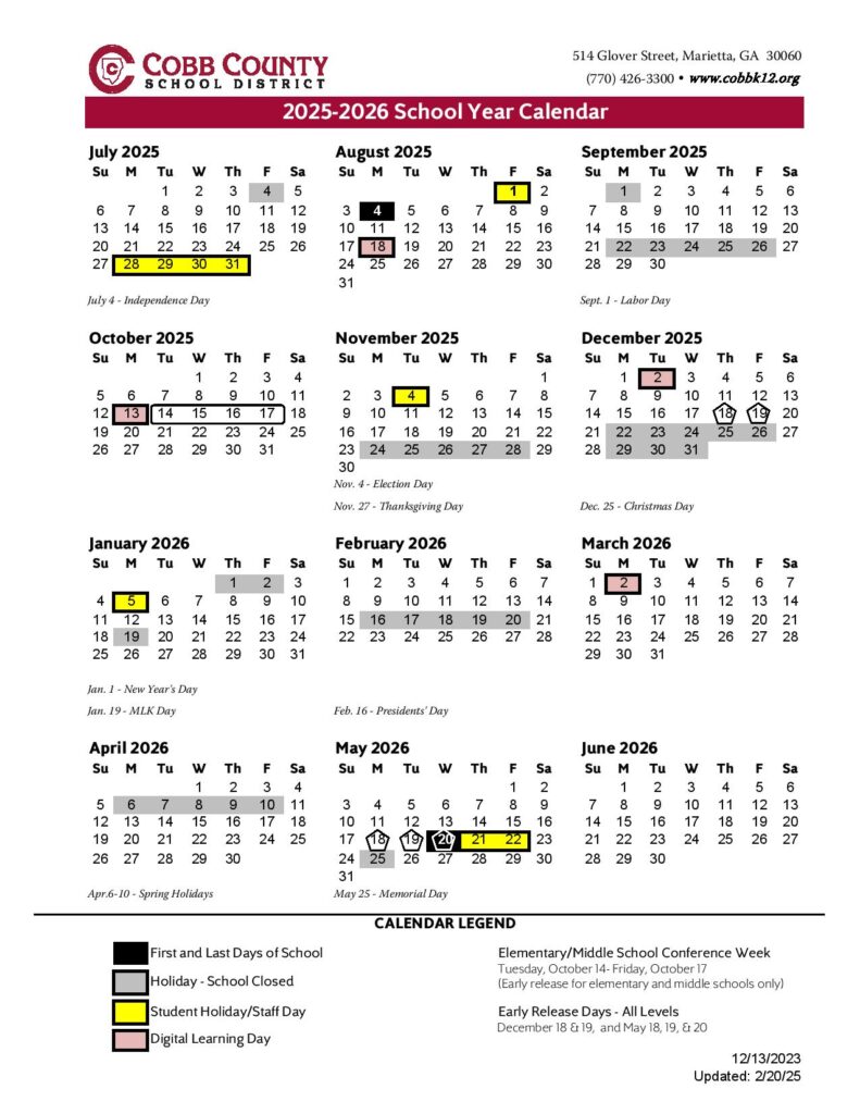 Cobb County School District Calendar 2025-2026