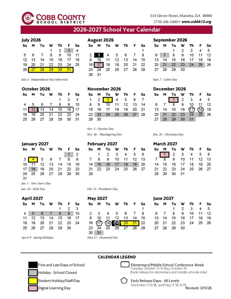 Cobb County School District Calendar 2026-2027