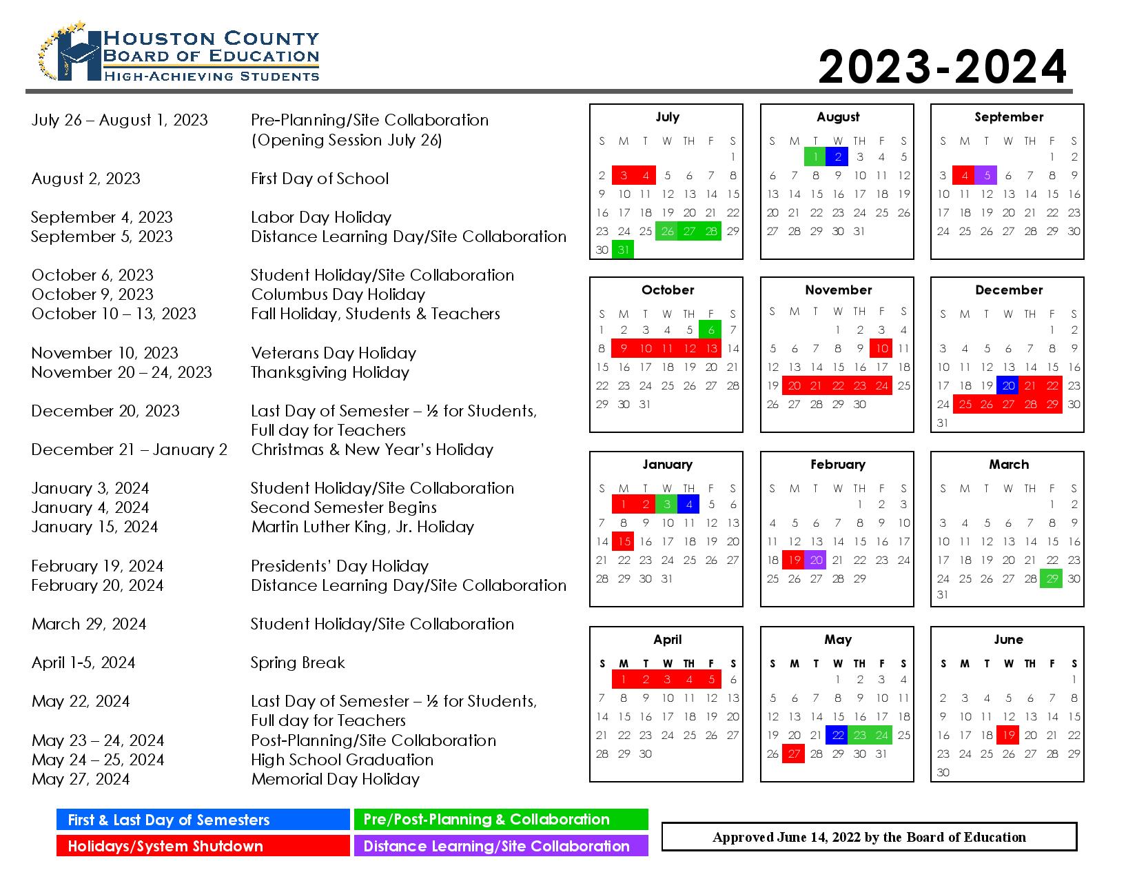 Houston County Schools Calendar 20232024 (Holiday Breaks)
