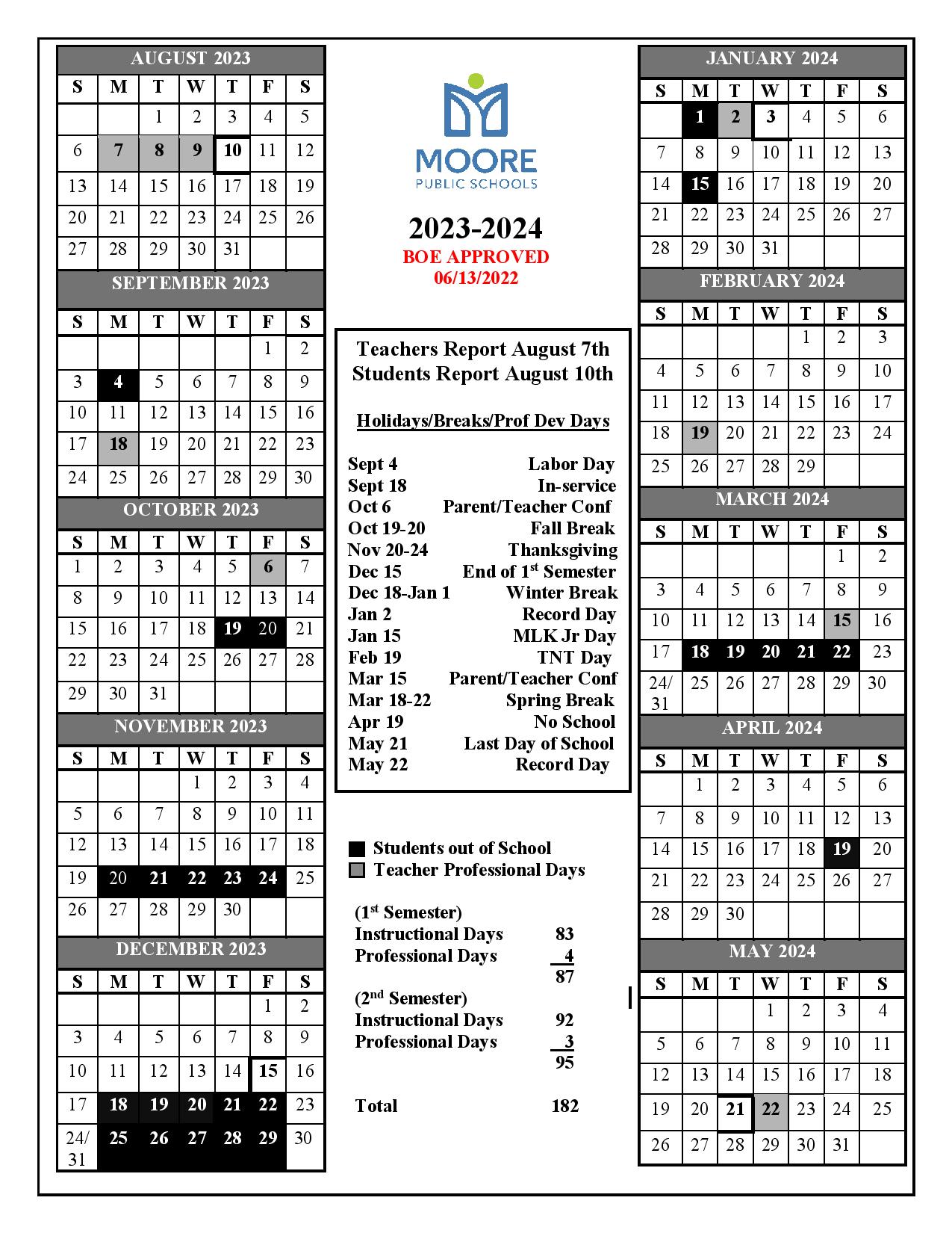 Moore Public Schools Calendar 20232024 (Holiday Breaks)