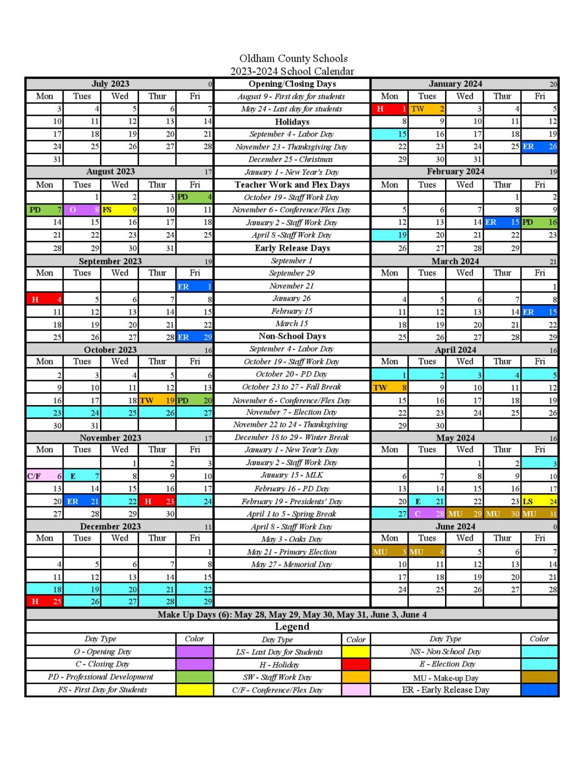 Oldham County Schools Calendar 2024 (Holiday Breaks)