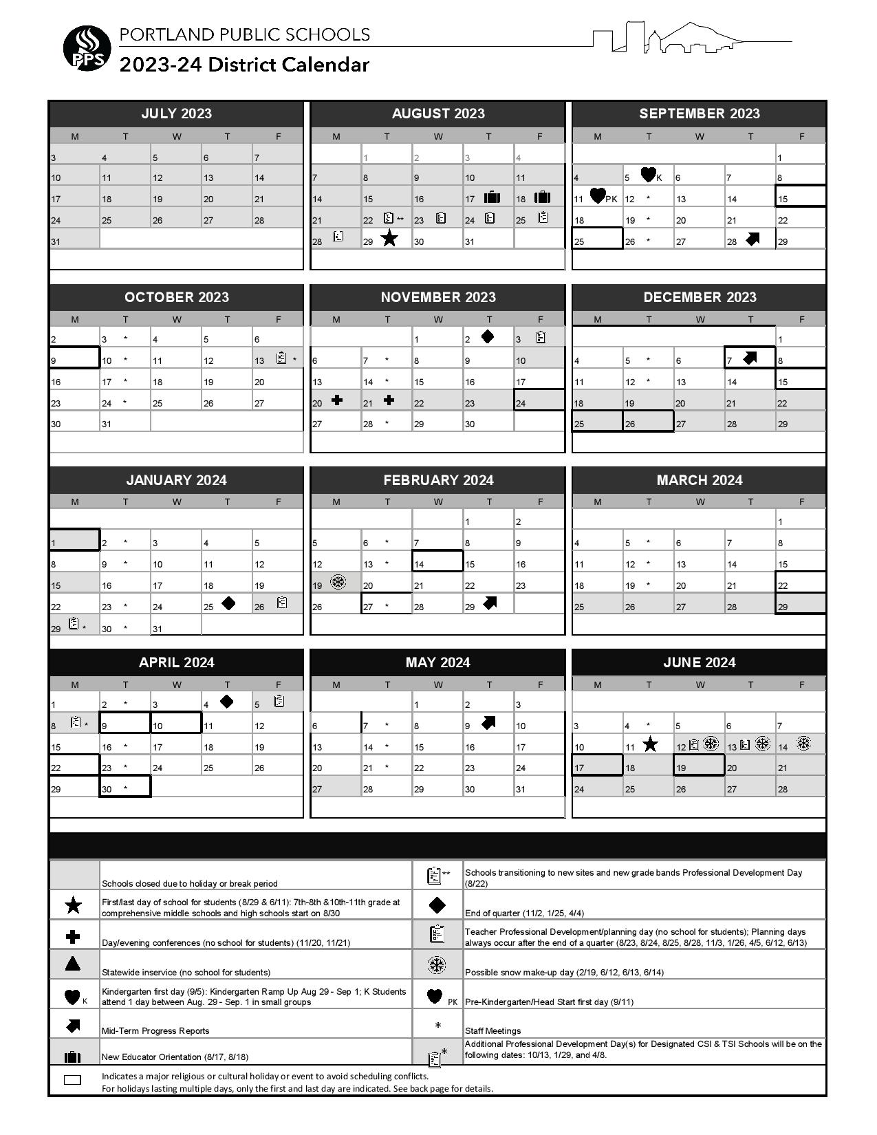 Portland Public Schools Calendar 2024 (Holiday Breaks)