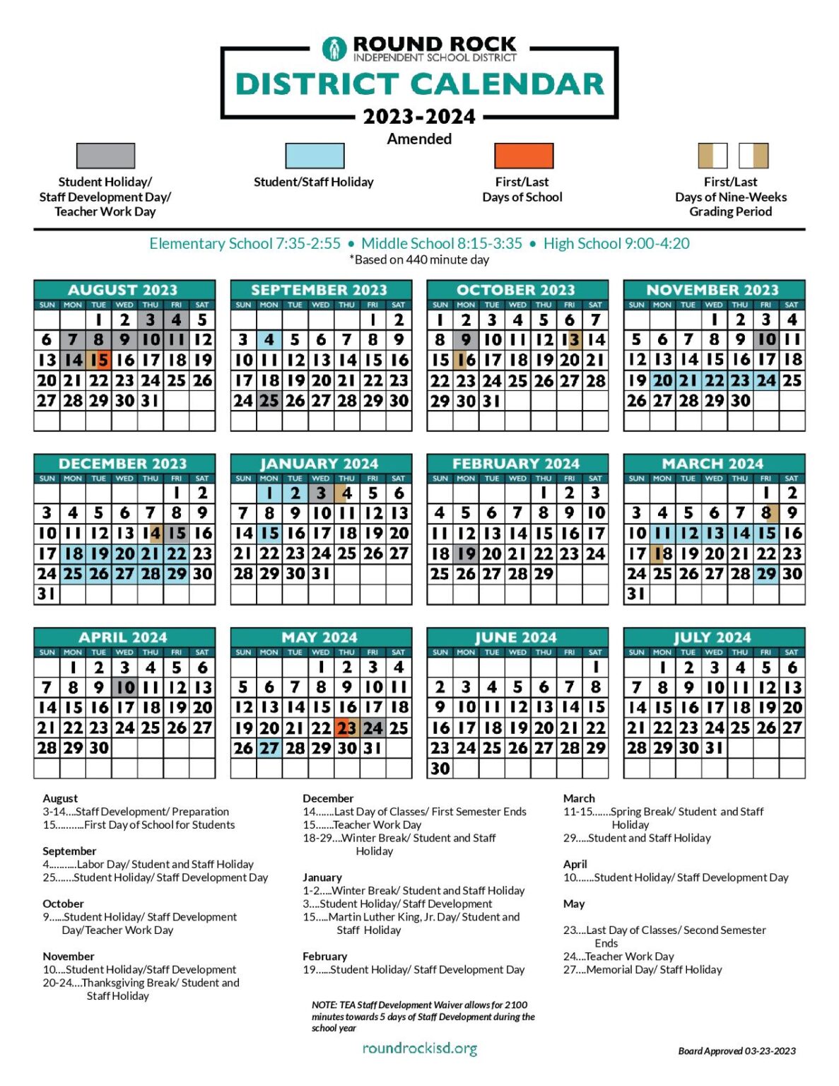 RRISD School Calendar 20232024 (Round Rock ISD)