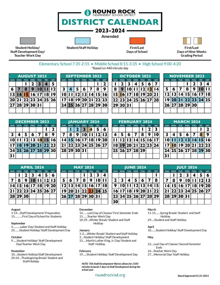 RRISD School Calendar 2024-2025 (Round Rock ISD)