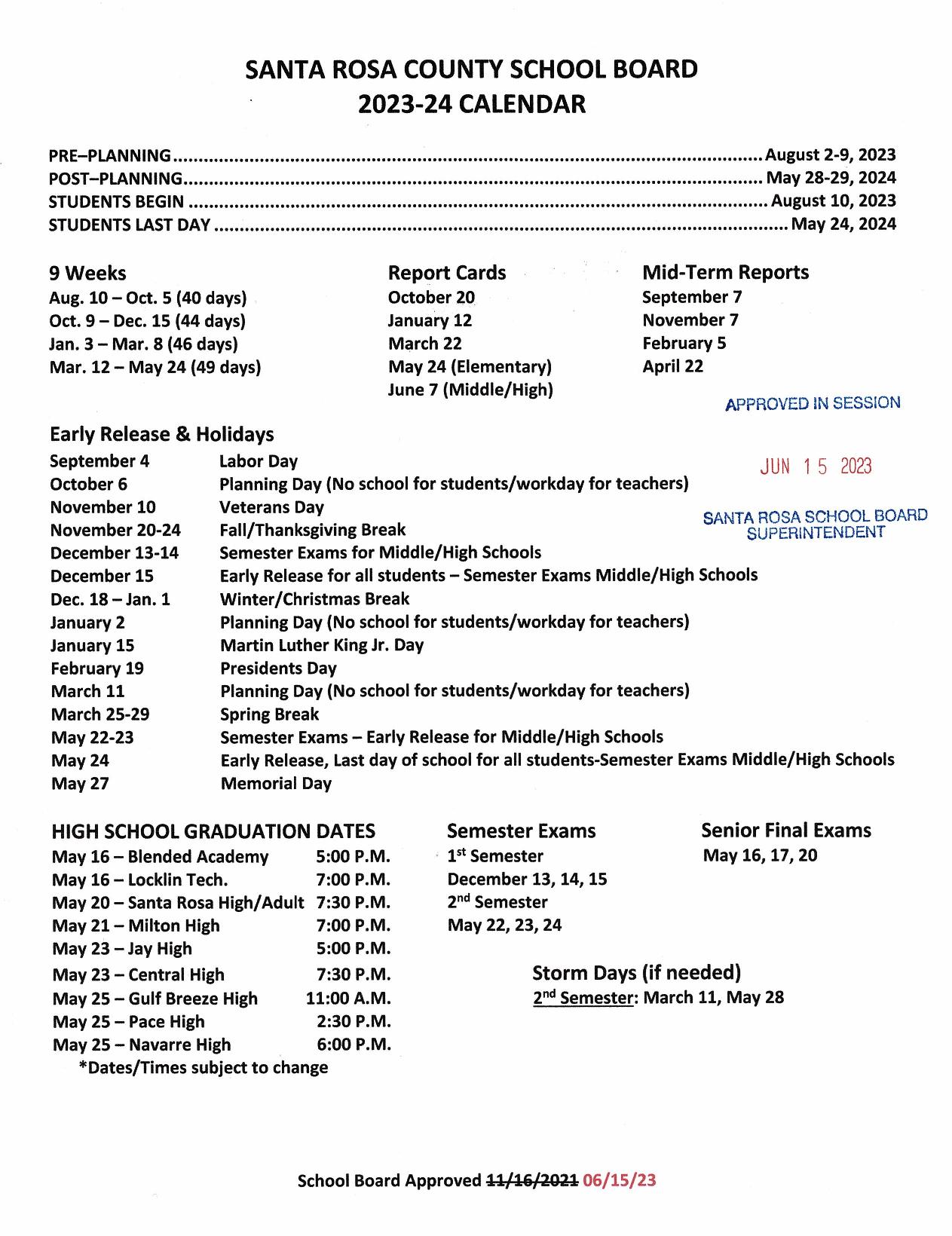 Santa Rosa County Schools Calendar 20242025 (Holiday Breaks)