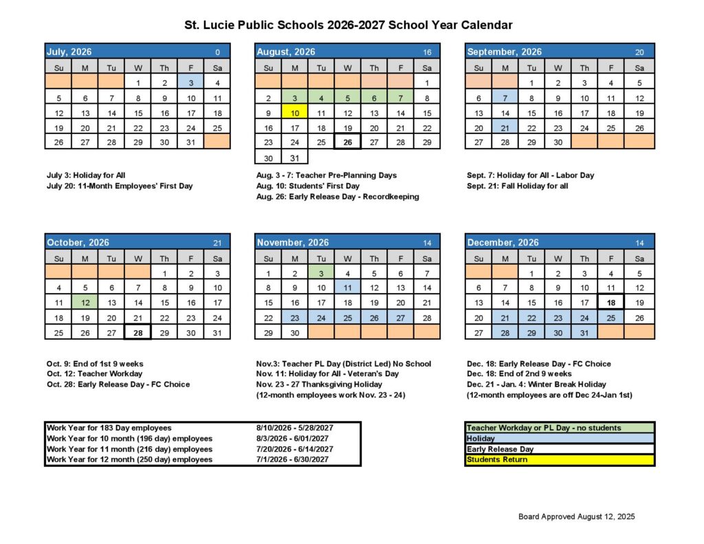 St Lucie Public Schools Calendar 2026-2027
