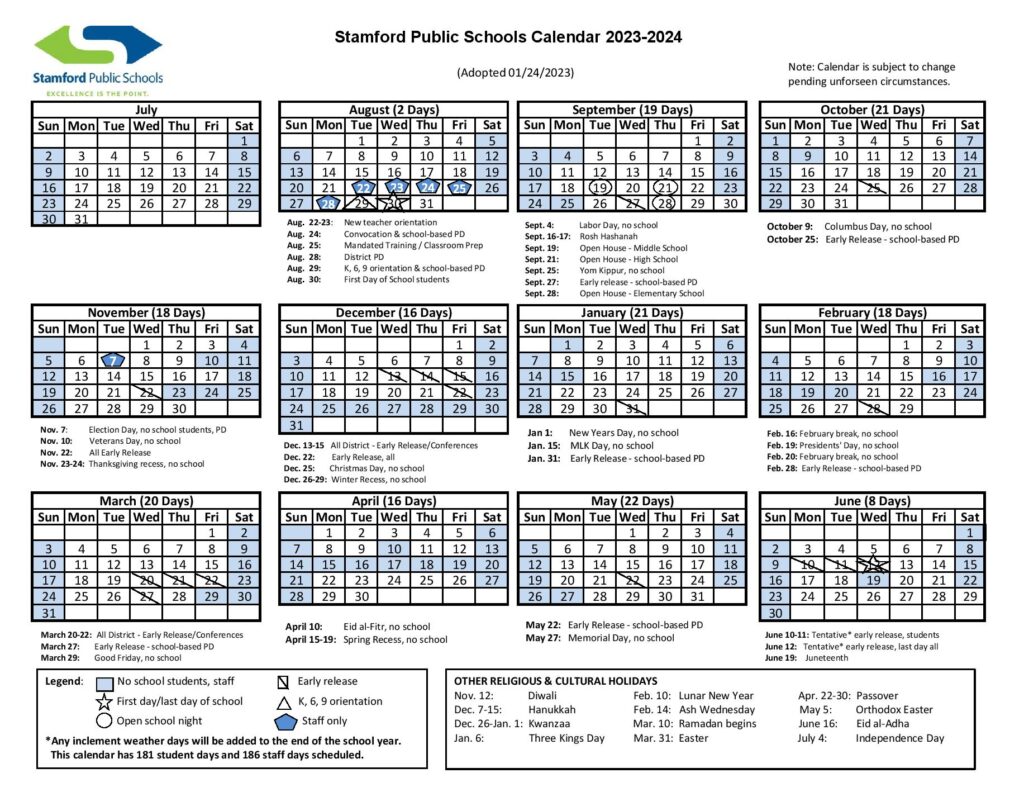 Stamford Public Schools Calendar 2023 2024 Holiday Breaks 