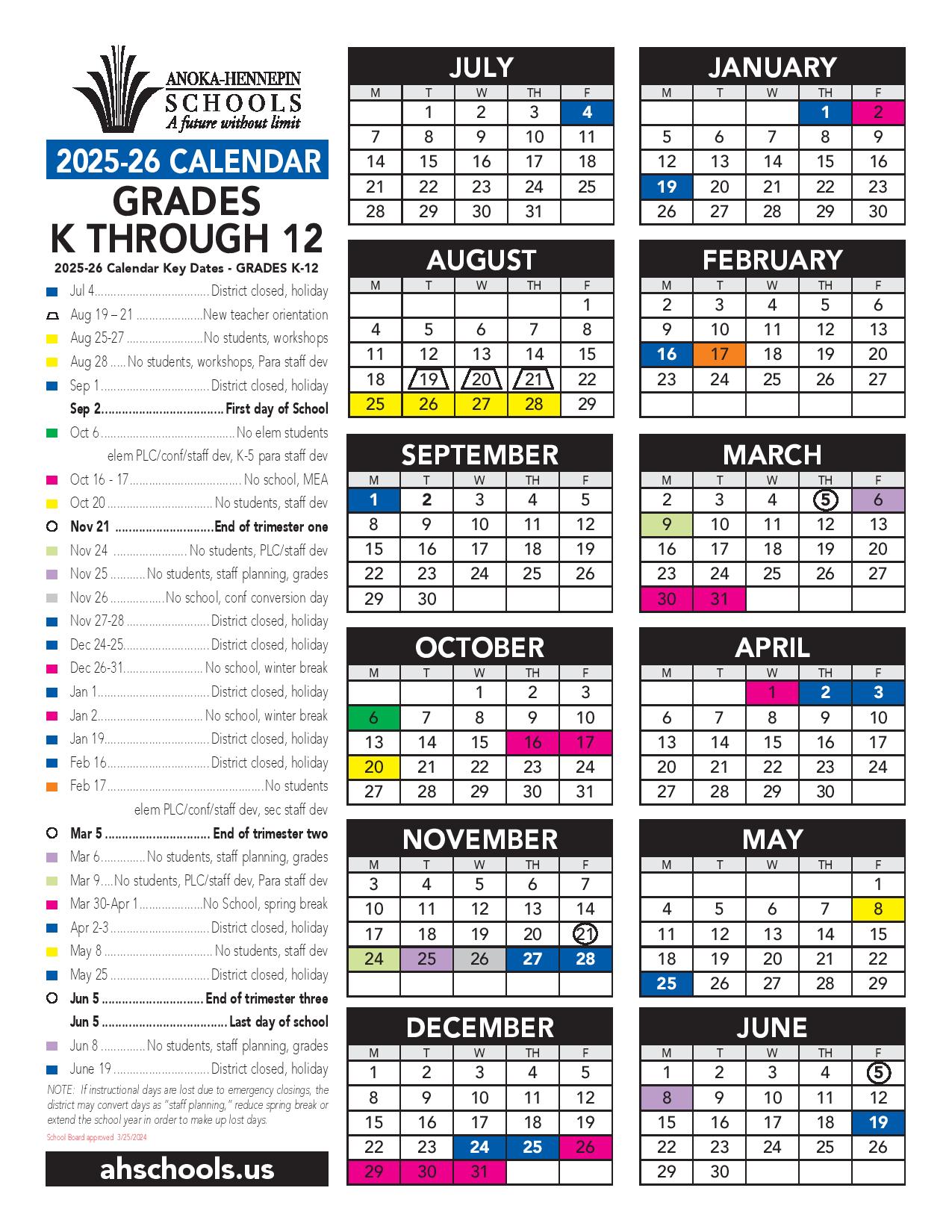 Anoka Hennepin Schools Calendar 2025 2026 (Holiday Breaks) New School