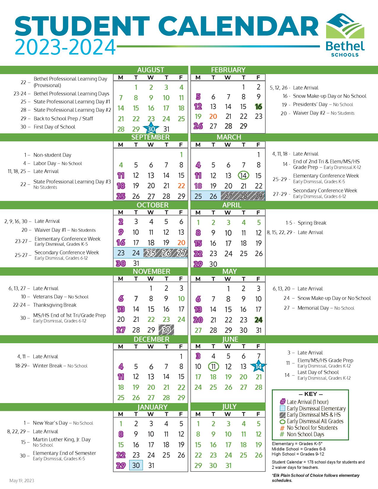 Bethel School District Calendar 20232024 (Holiday Breaks)