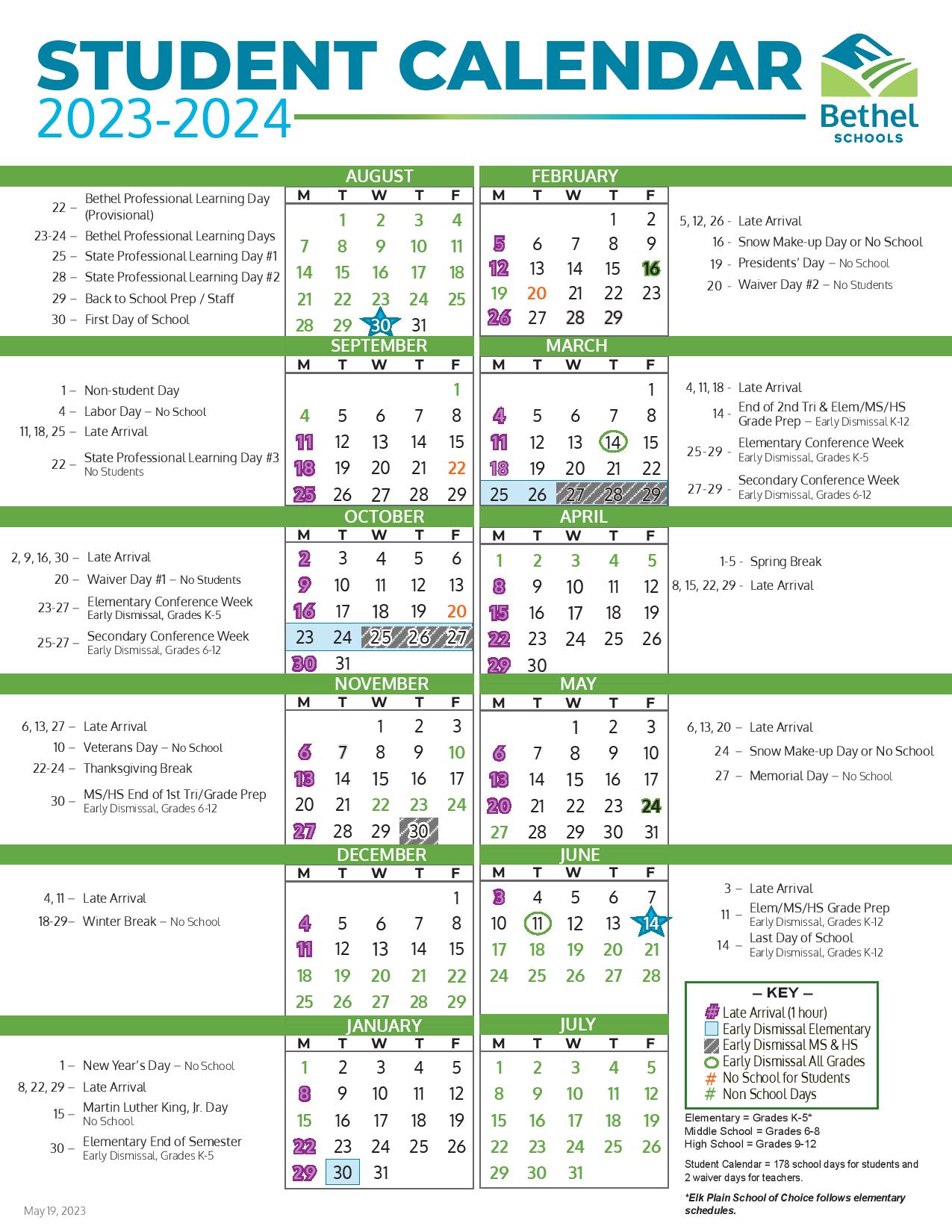 Bethel School District Calendar 2023 2024 Holiday Breaks 