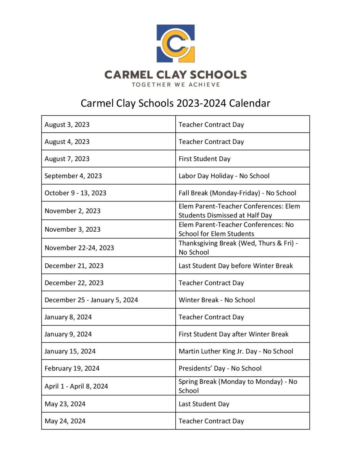 Carmel Clay Schools Calendar 20242025 (Holiday Breaks)