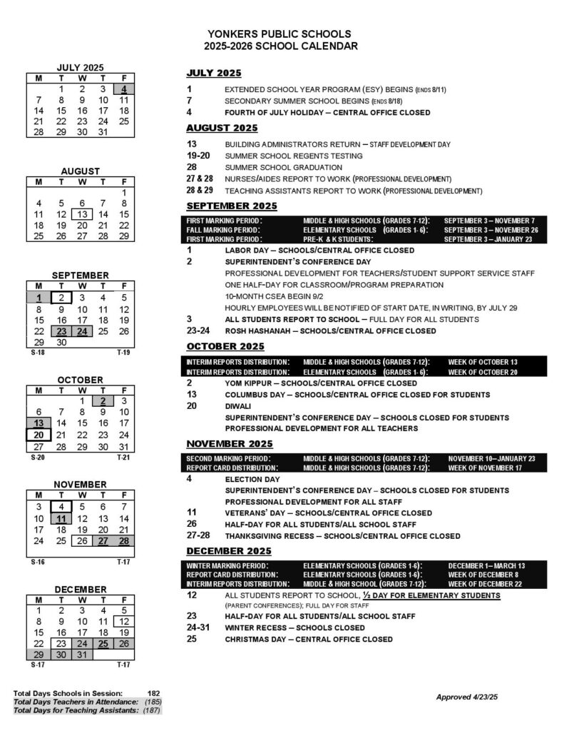 Yonkers Public Schools Calendar 2025-2026
