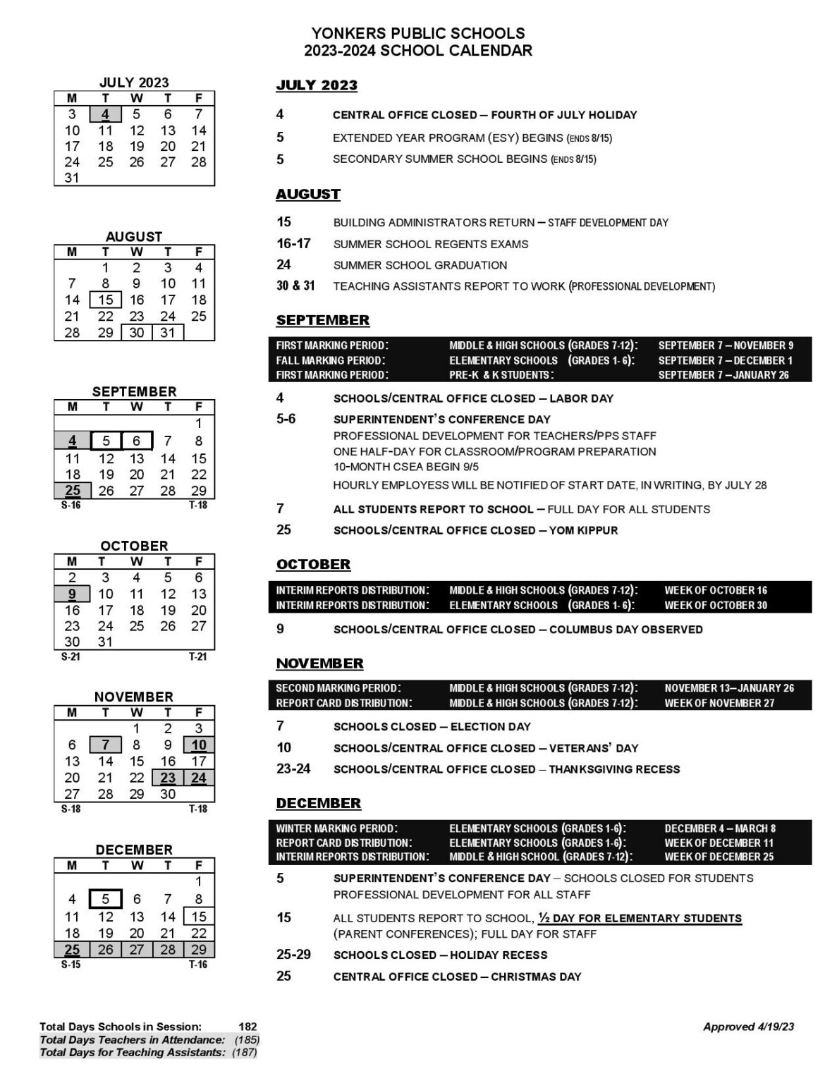 Yonkers Public Schools Calendar 2024 (Holiday Breaks)