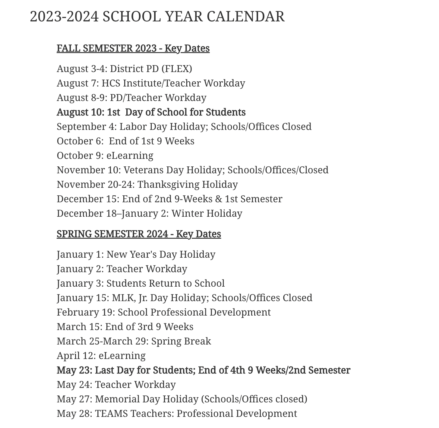 Hoover City Schools Calendar 20232024 (Holiday Breaks)