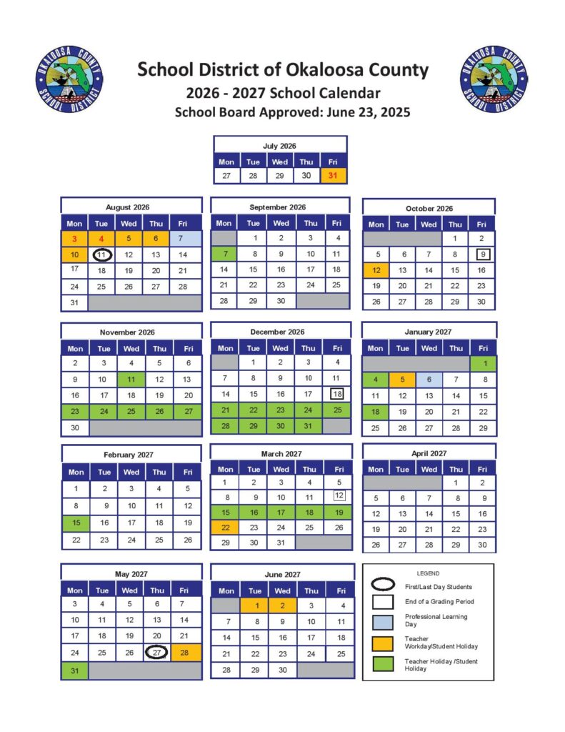 Okaloosa County School District Calendar 2026-2027