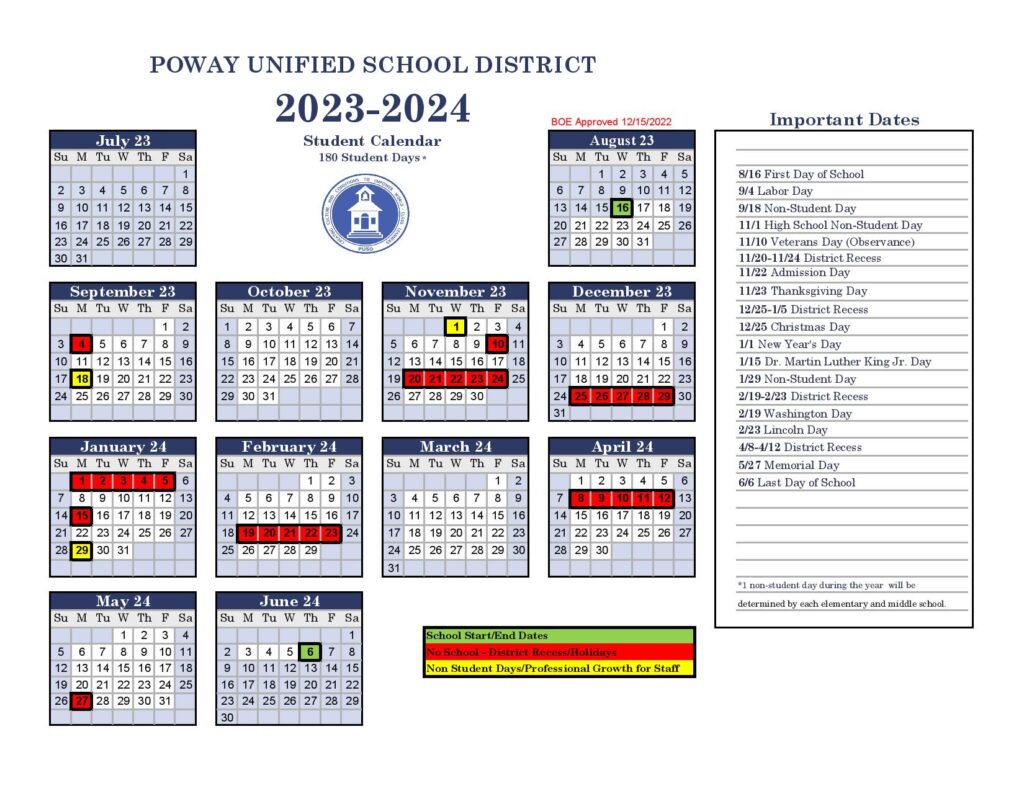 Poway Unified School District Calendar