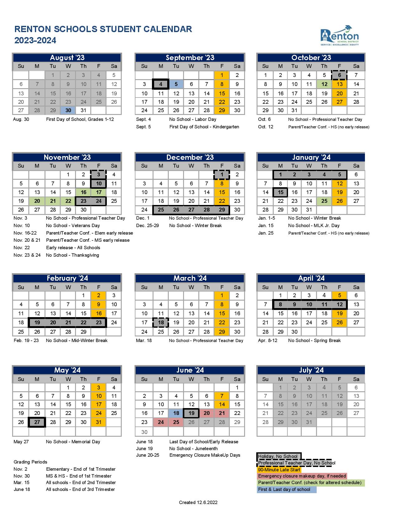 Renton School District Calendar 2023 2024 (Holiday Breaks)