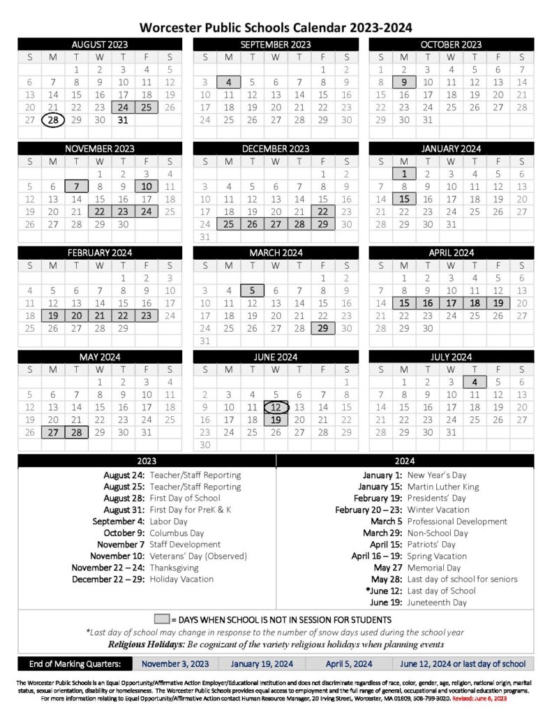 Worcester Public Schools Calendar