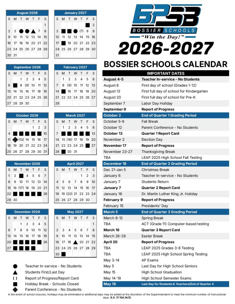 Bossier Parish Schools Calendar 2026-2027