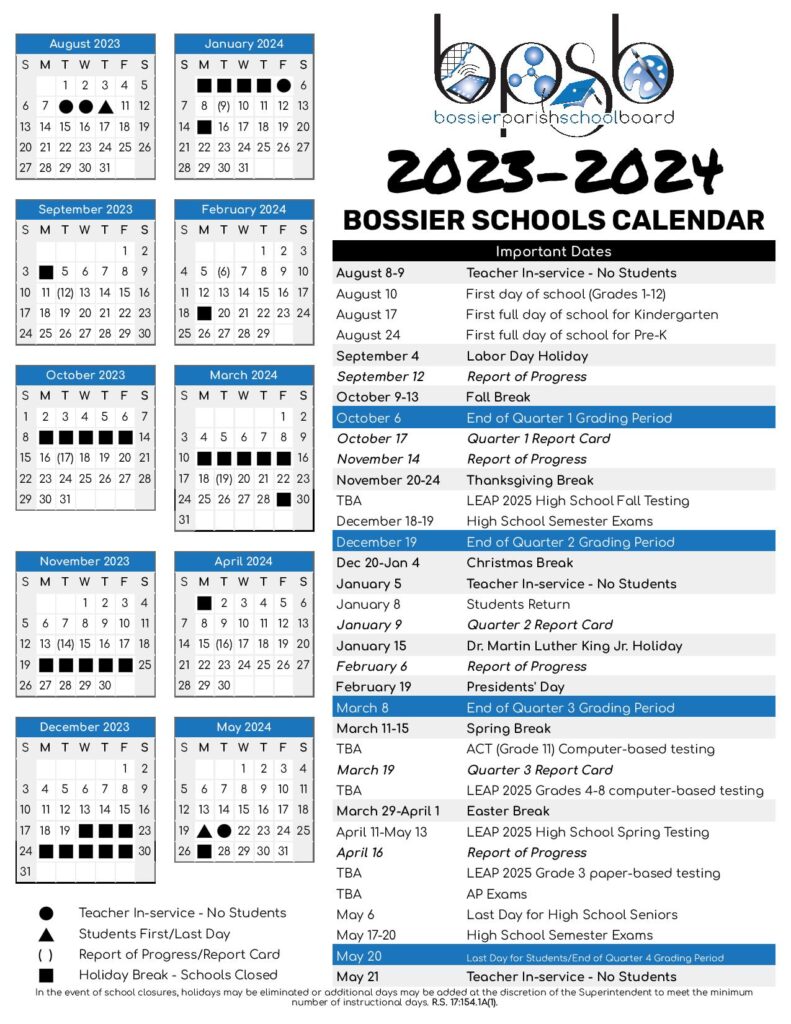 Bossier Parish Schools Calendar 2023 2024 Holiday Breaks 