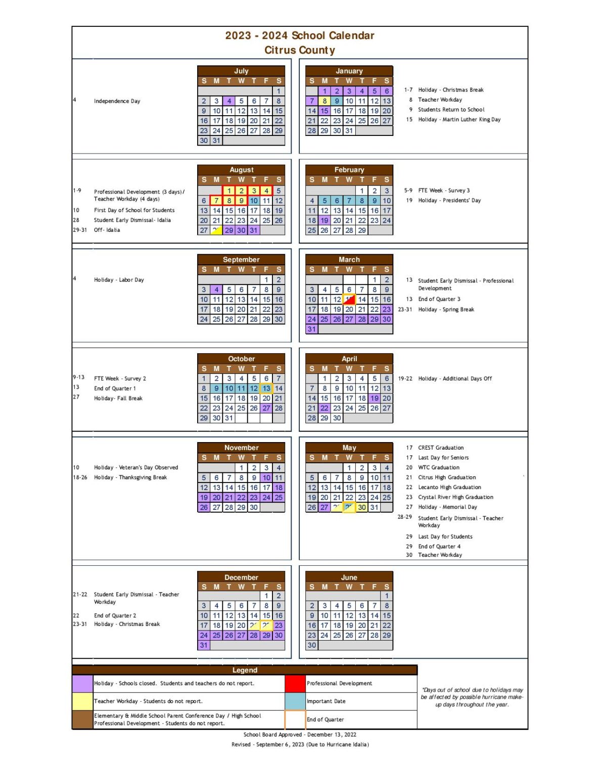 Citrus County School District Calendar 20232024 (Holiday Breaks)