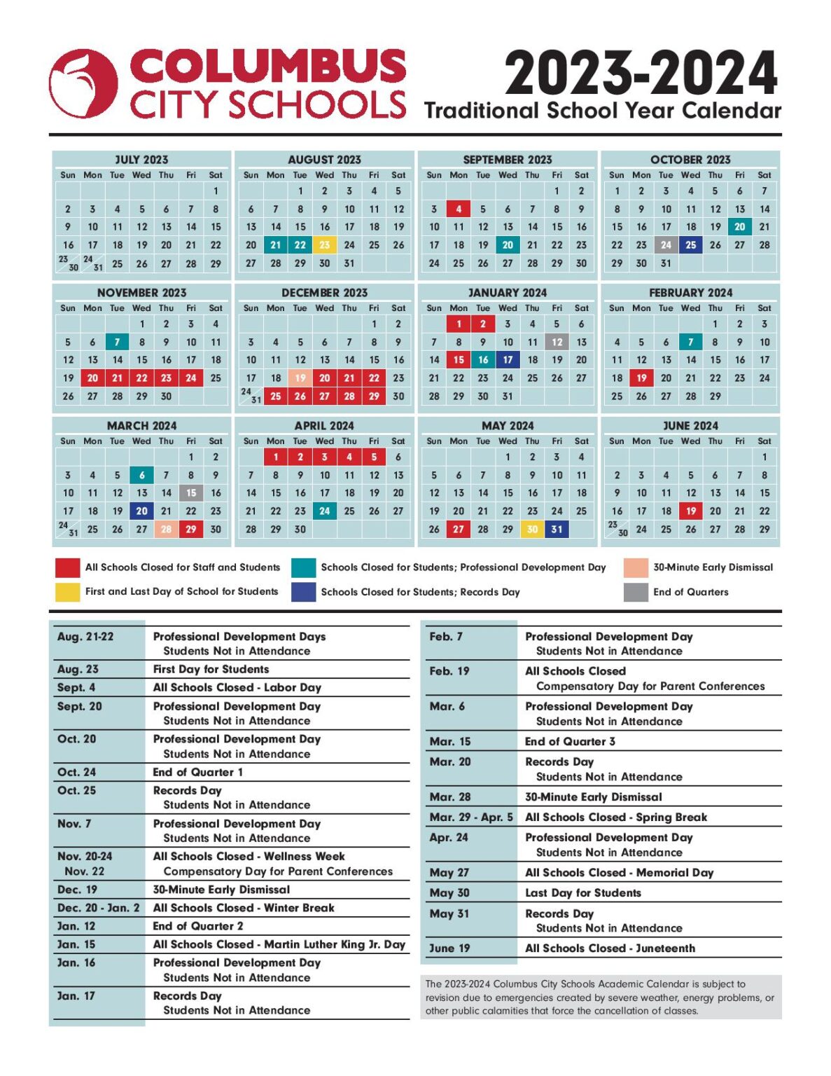 Columbus City Schools Calendar Holidays 20232024