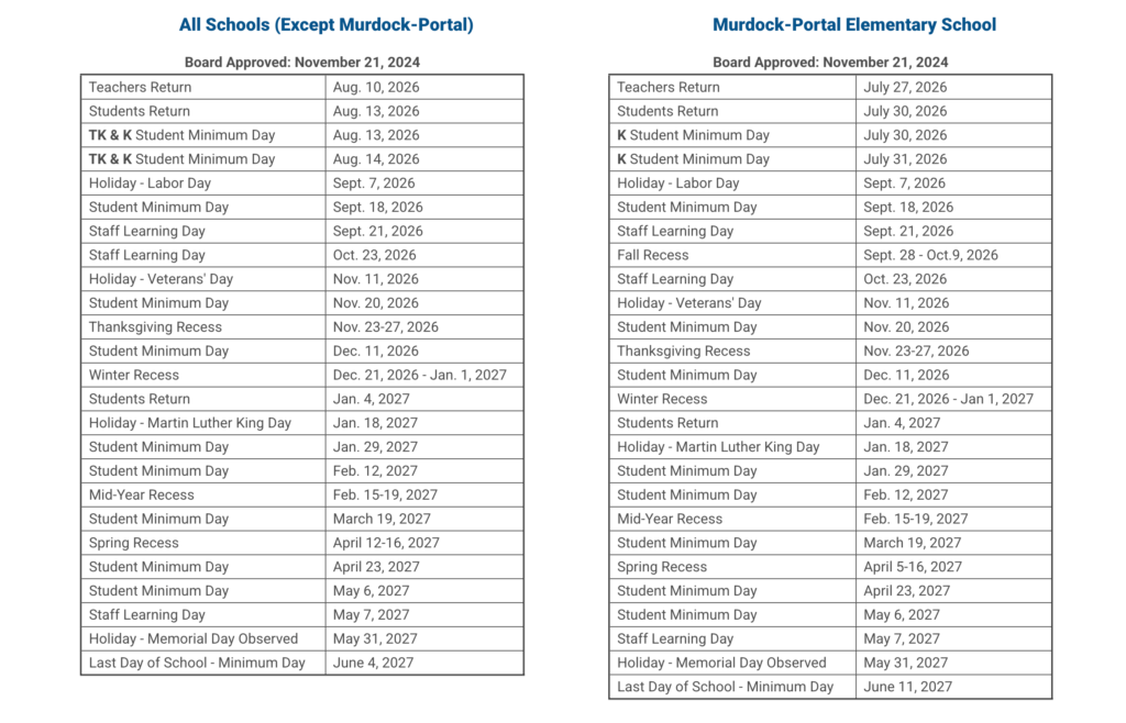 Cupertino Union School District Calendar 2026-2027