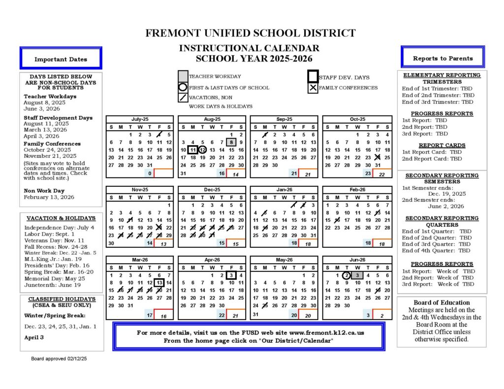 Fremont Unified School District Calendar 2025-2026
