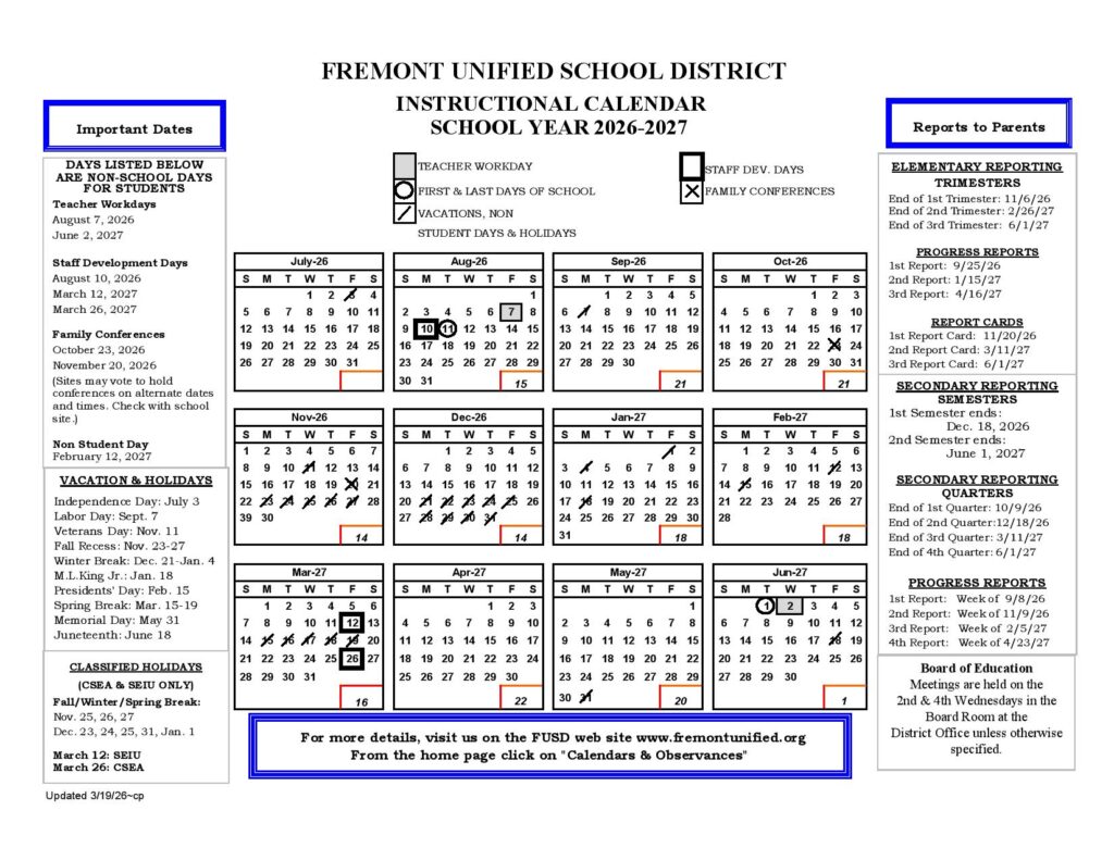 Fremont Unified School District Calendar 2026-2027