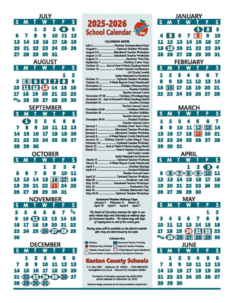 Gaston County Schools Calendar 2025-2026
