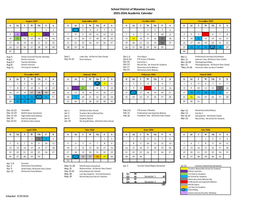 Manatee County School District Calendar 2025-2026