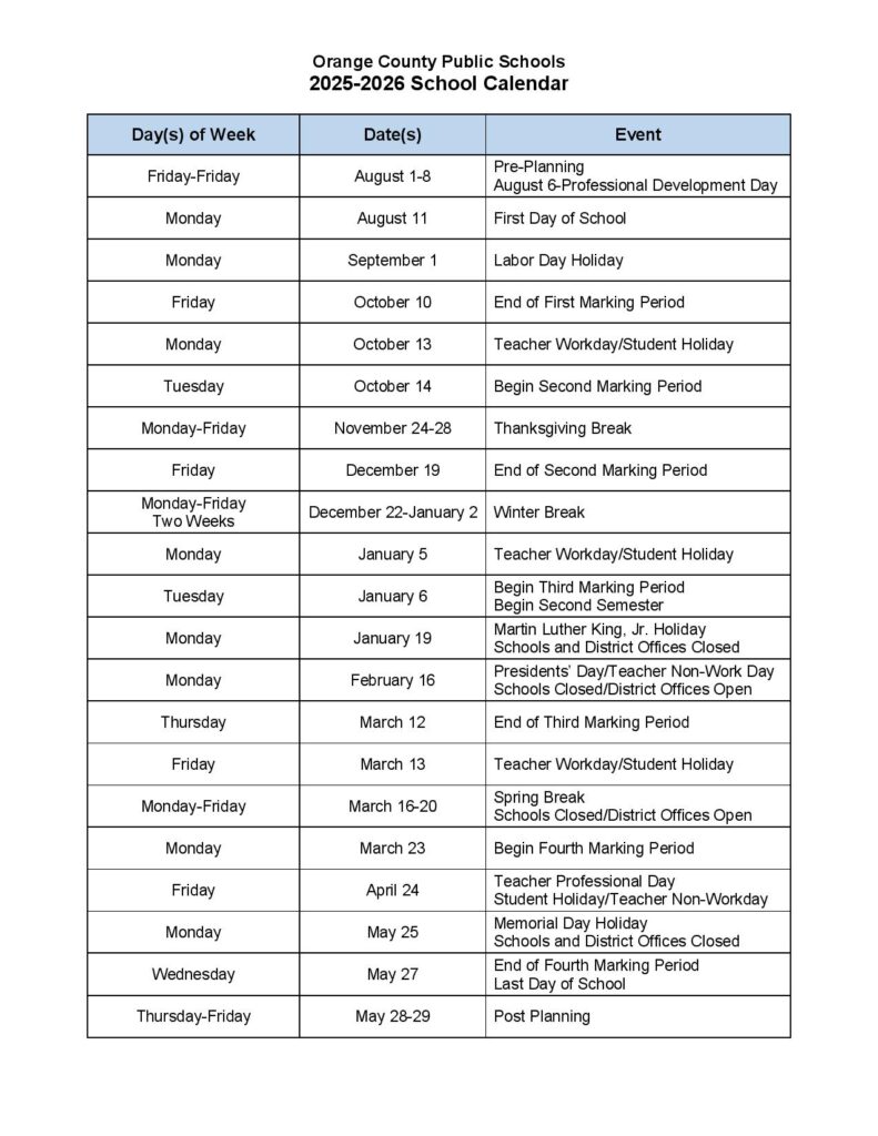Orange County Public Schools Calendar 2025-2026