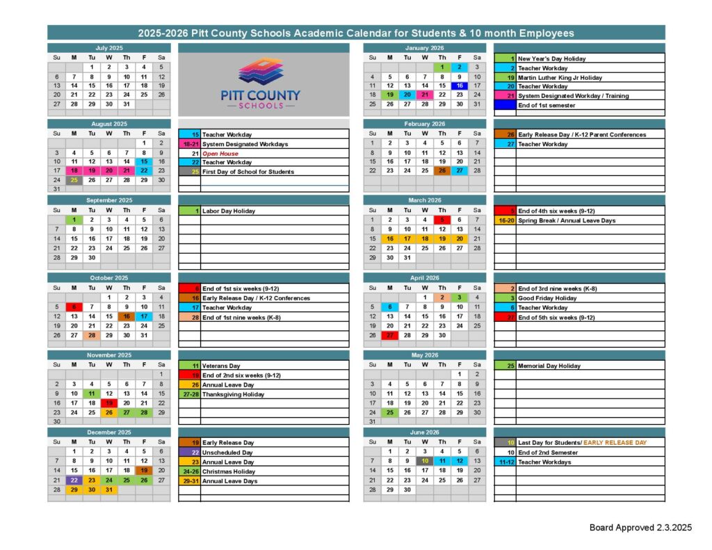 Pitt County Schools Calendar 2025-2026