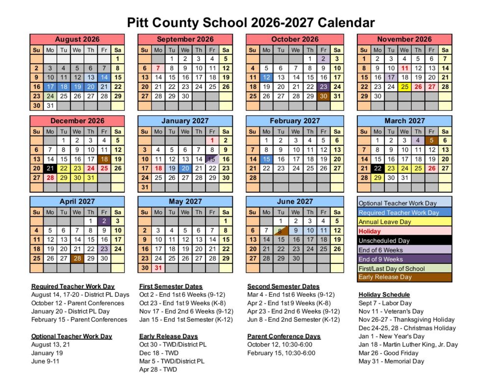 Pitt County Schools Calendar 2026-2027