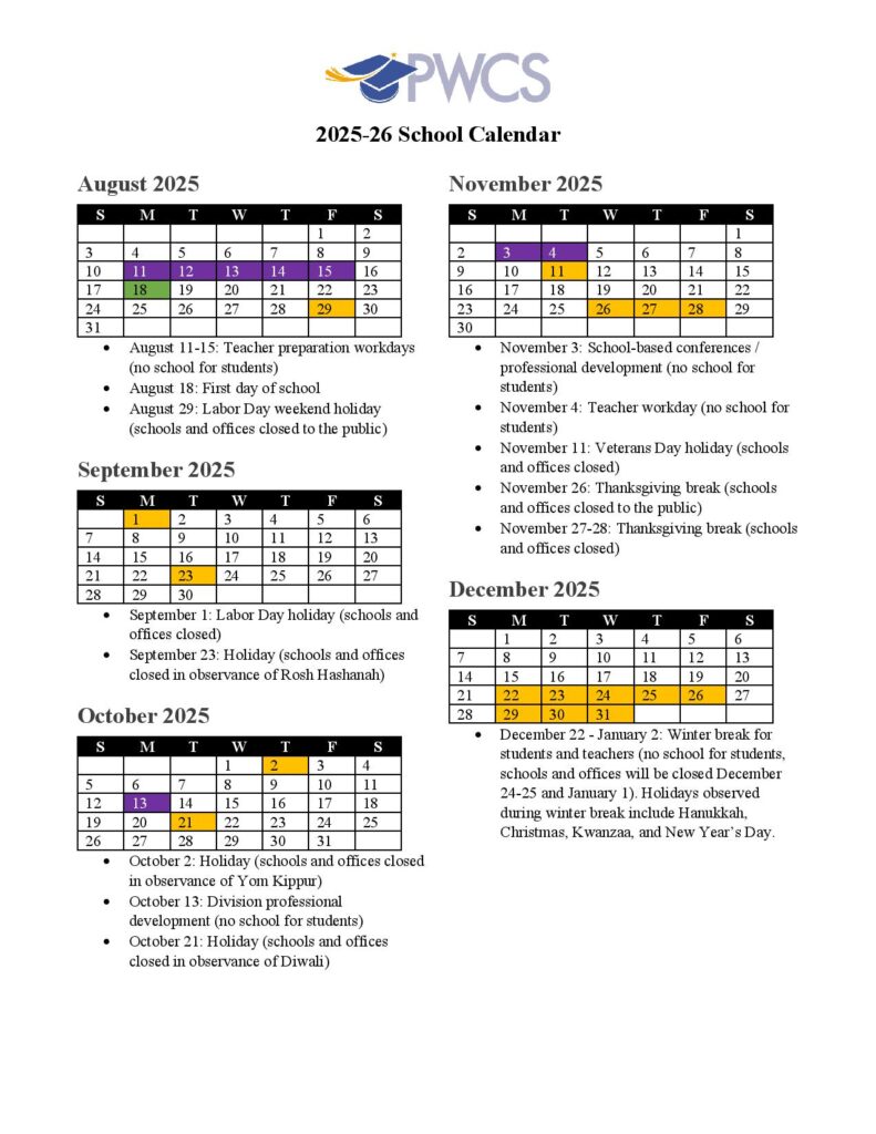 Prince William County Schools Calendar 2025-2026