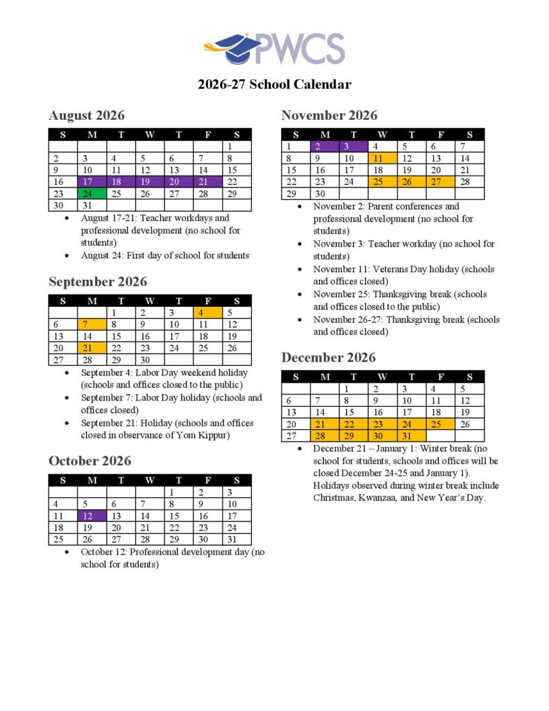Prince William County Schools Calendar 2026-2027