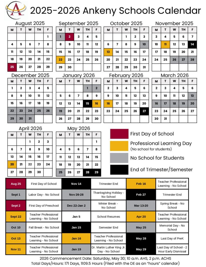Ankeny Community School District Calendar 2025-2026
