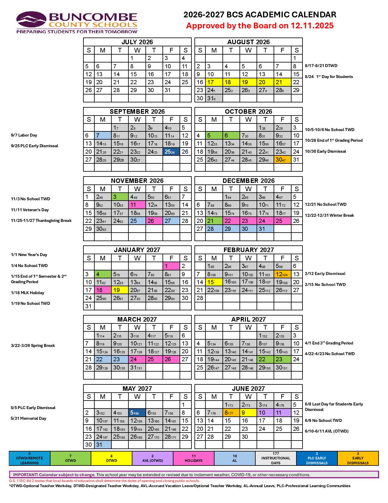 Buncombe County Schools Calendar 2026-2027 (Holiday Breaks)