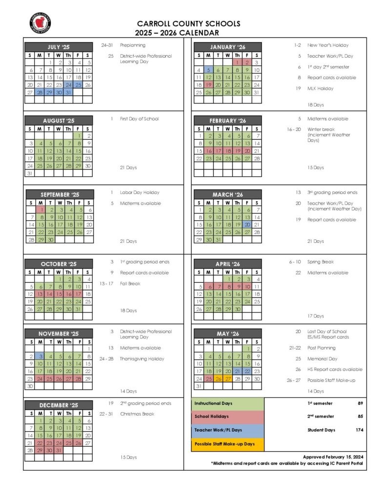 Carroll County Schools Calendar 2025-2026