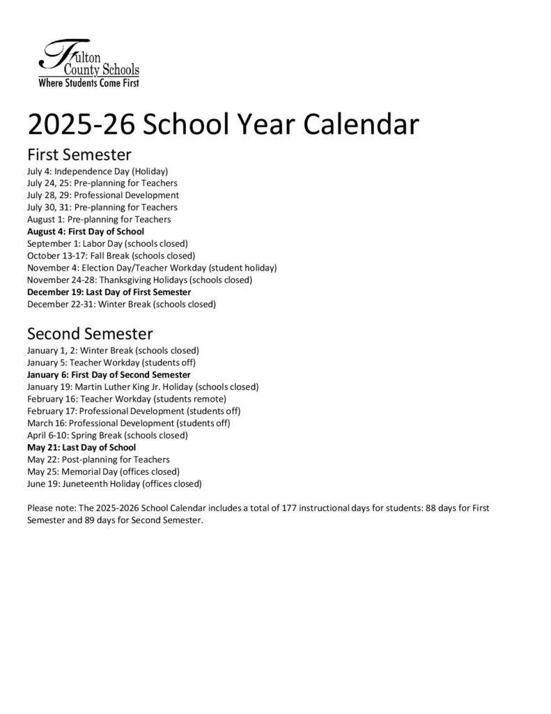 Fulton County Schools Calendar 2025-2026